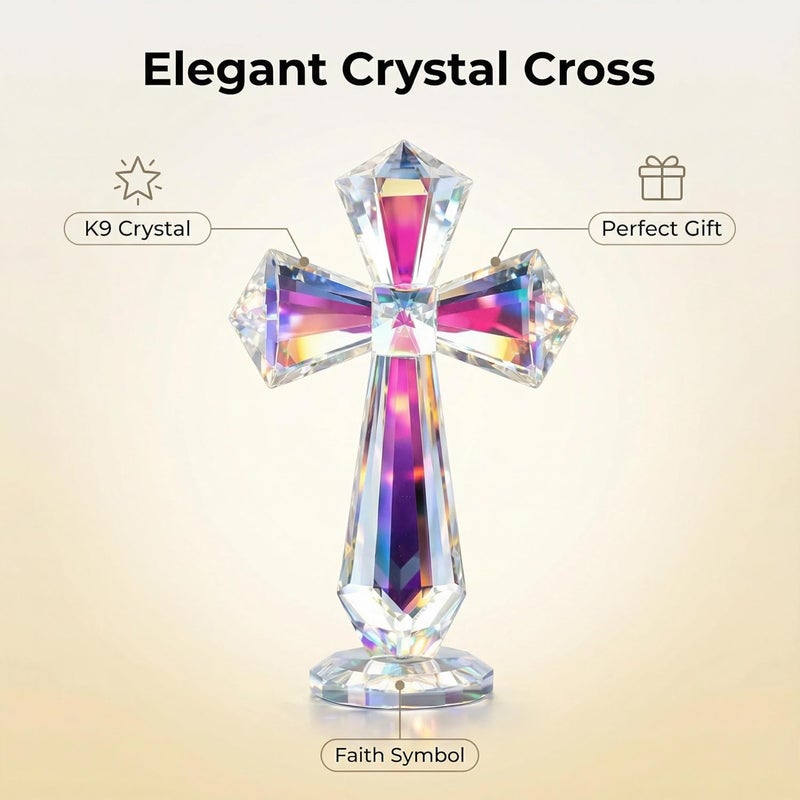 Rotroyce Hand-Carved Crystal Cross Desk Decor - 6 Inch Spiritual Gift for Christians, Clear K9 Crystal Religious Figurine with 360° Faceted Design, Home Altar & Office Inspirational Ornament (Multi-Colored) - Image 2